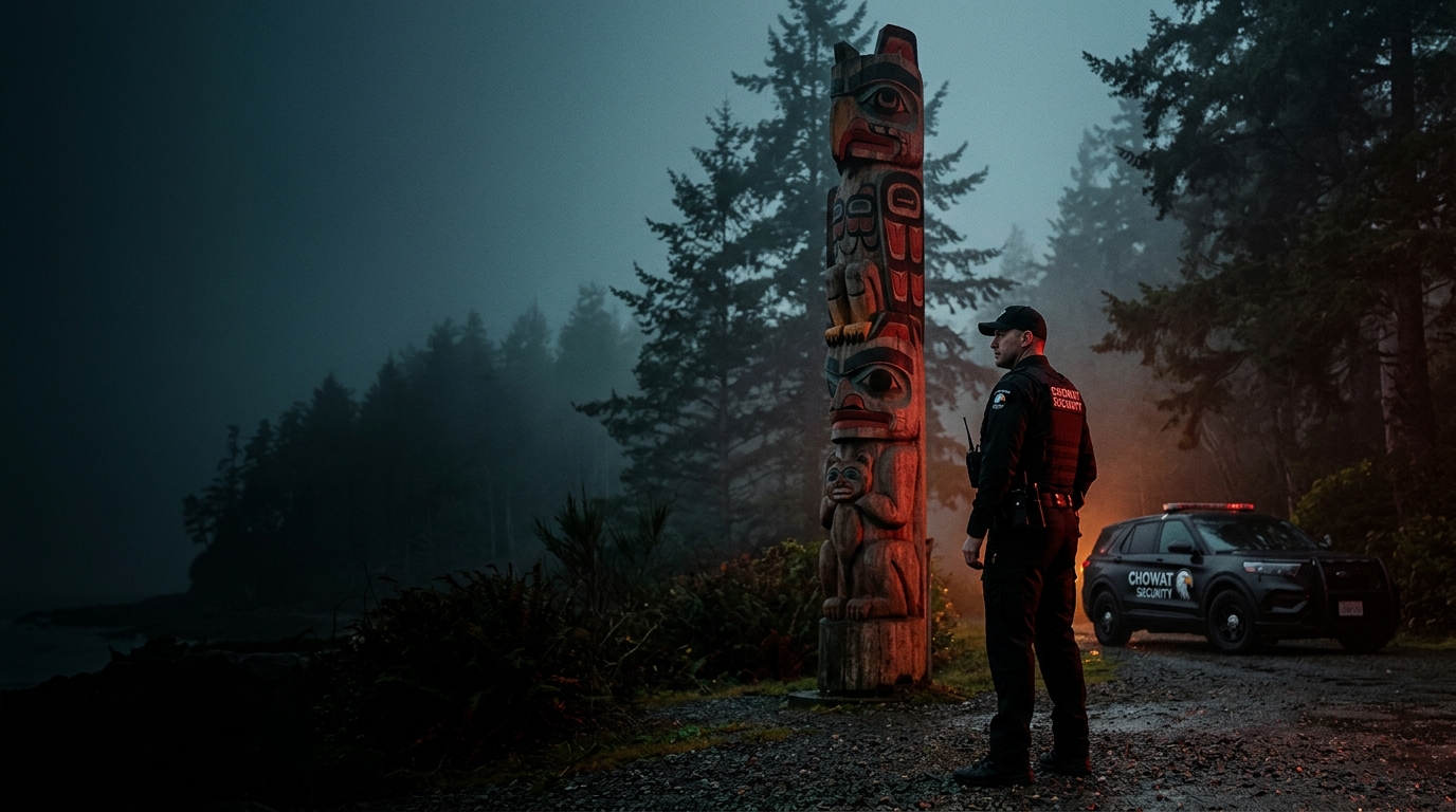 Security professionals standing guard beside a Pacific Northwest totem pole